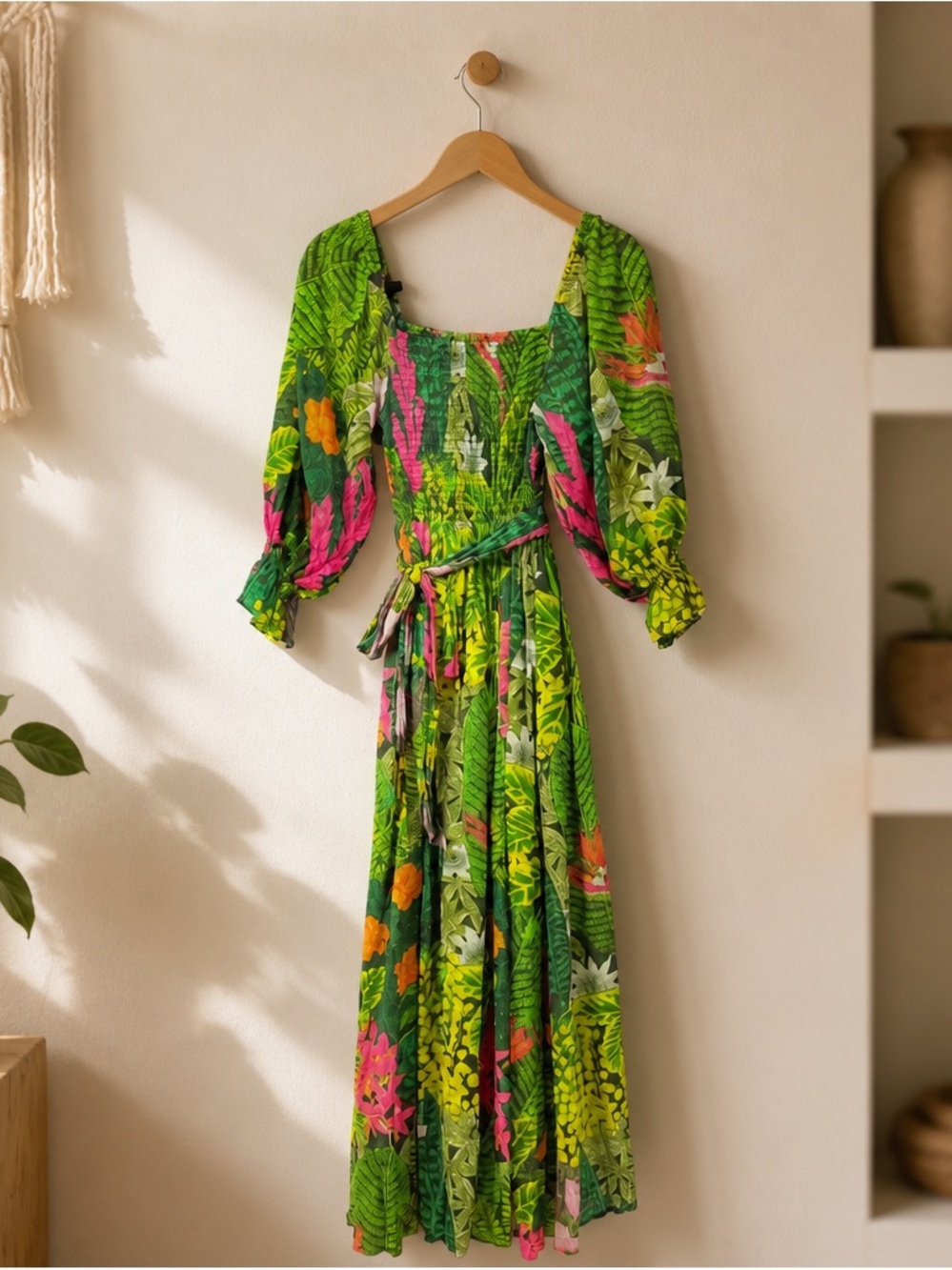 Palms Away Tropical Print Green Floral Square-Neck Maxi Dress - Picture 3 of 3